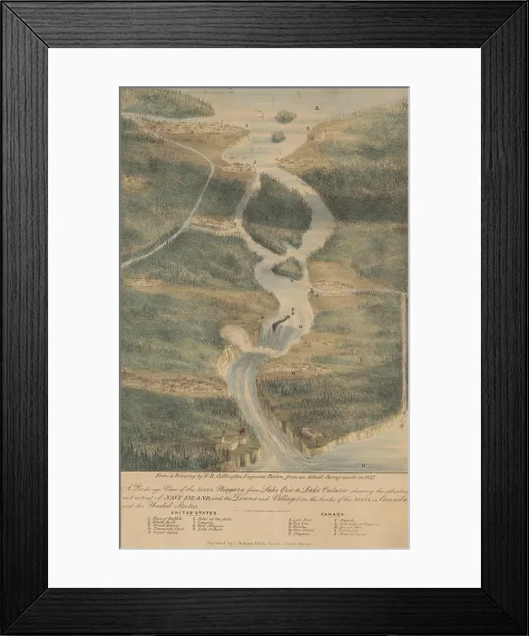 Framed Print : Bird's-eye view from the south, of the River Niagara from Lake Erie north to Lake Ontario, 1837. The rapid river is on the Canada / USA border