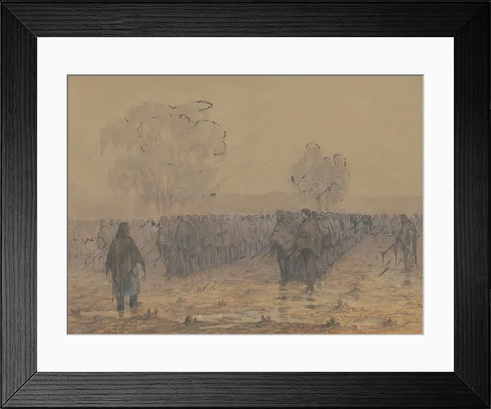 Framed Print : US Civil War, 1862. Company B, 8th Regiment, Pennsylvania, waiting in the rain for railroad cars to take them to Hagerstown, Maryland Framed Print : US Civil War, 1862. Company B, 8th Regiment, Pennsylvania, waiting in the rain for railroad cars to take them to Hagerstown, Maryland