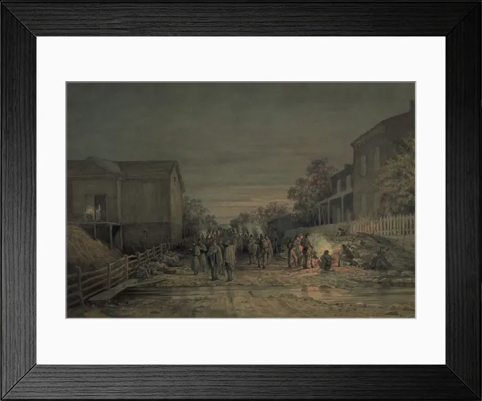 Framed Print : US Civil War, 1862. Company B, 8th Regiment, Pennsylvania, at night, standing in residential street or sleeping against fence during a rest period on their march