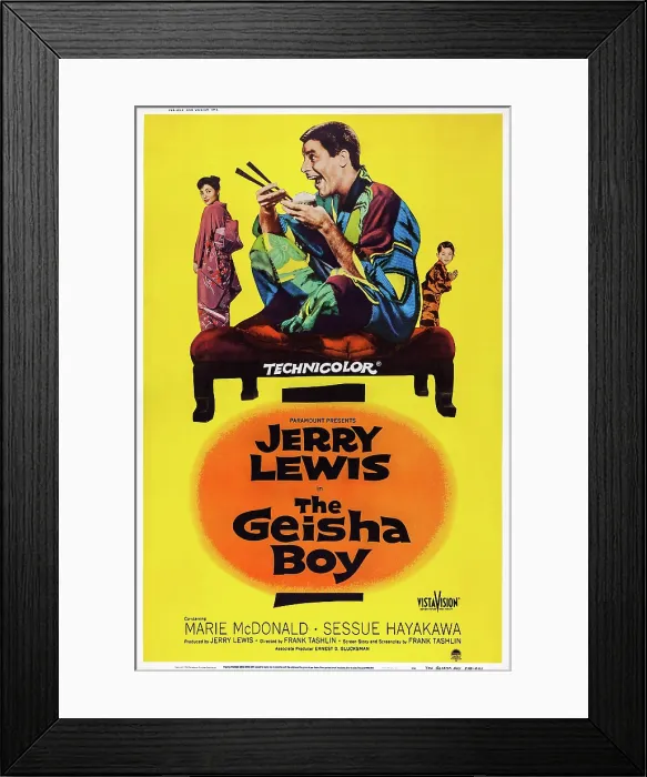 Framed Print : THE GEISHA BOY, US poster art, from left: Nobu McCarthy, Jerry Lewis, Robert Hirano, 1958