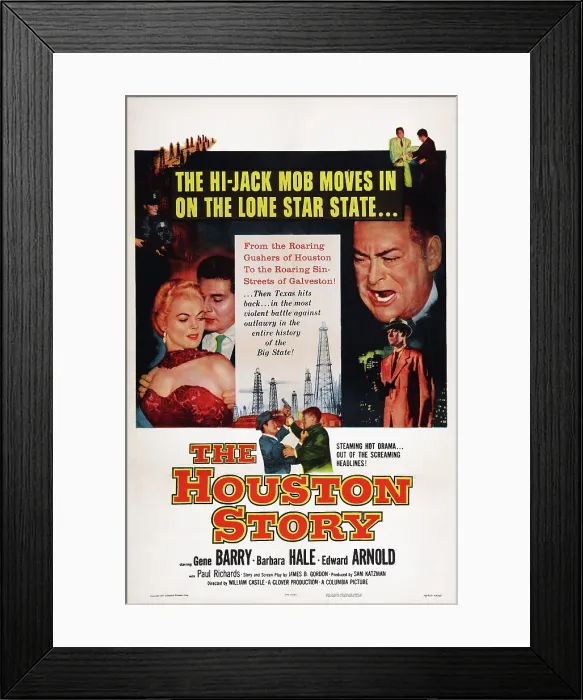 Framed Print : THE HOUSTON STORY, US poster art, left: Barbara Hale, Gene Barry; right, from top: Edward Arnold, Paul Richards, 1956 Framed Print : THE HOUSTON STORY, US poster art, left: Barbara Hale, Gene Barry; right, from top: Edward Arnold, Paul Richards, 1956