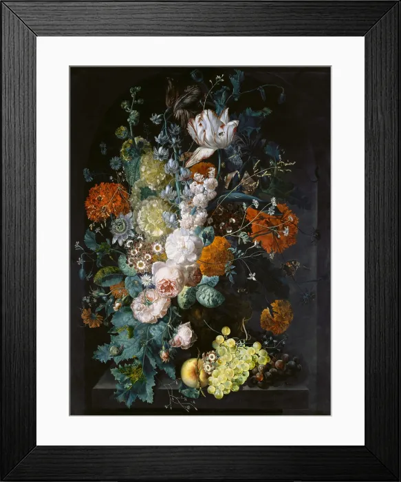 Framed Print : BOUQUET OF FLOWERS IN A CRYSTAL VASE, by Nicolaes van Veerendael, 1662, Flemish oil painting. Variety of blooming flowers arranged in a vase within a black stone niche Framed Print : BOUQUET OF FLOWERS IN A CRYSTAL VASE, by Nicolaes van Veerendael, 1662, Flemish oil painting. Variety of blooming flowers arranged in a vase within a black stone niche