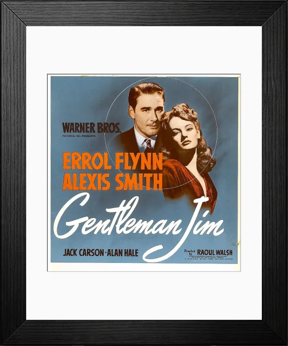 Framed Print : GENTLEMAN JIM, from left: Errol Flynn, Alexis Smith on window card, 1942
