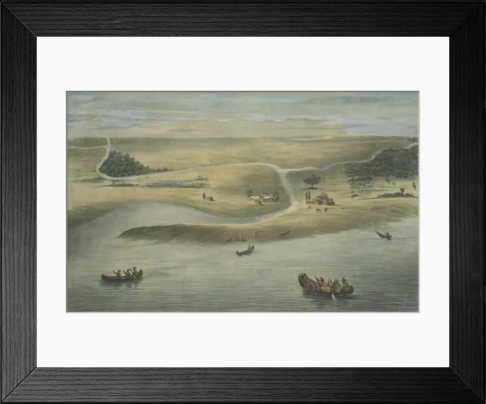 Framed Print : CHICAGO IN 1820, with Native American in canoes on Lake Michigan and Euro-American stockade buildings and grazing horses. 1857 lithograph by Dominique C Framed Print : CHICAGO IN 1820, with Native American in canoes on Lake Michigan and Euro-American stockade buildings and grazing horses. 1857 lithograph by Dominique C