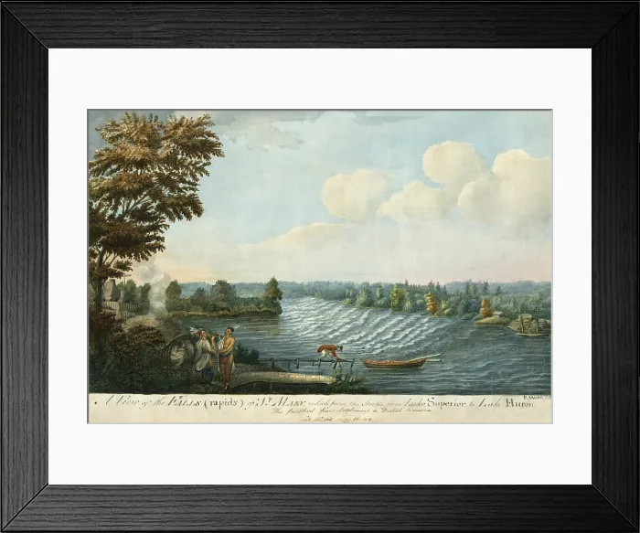 Framed Print : A VIEW OF THE FALLS OF ST. MARY, WHICH FORM THE STRAITS FROM LAKE SUPERIOR TO LAKE HURON, by Edward Walsh, August 20, 1804