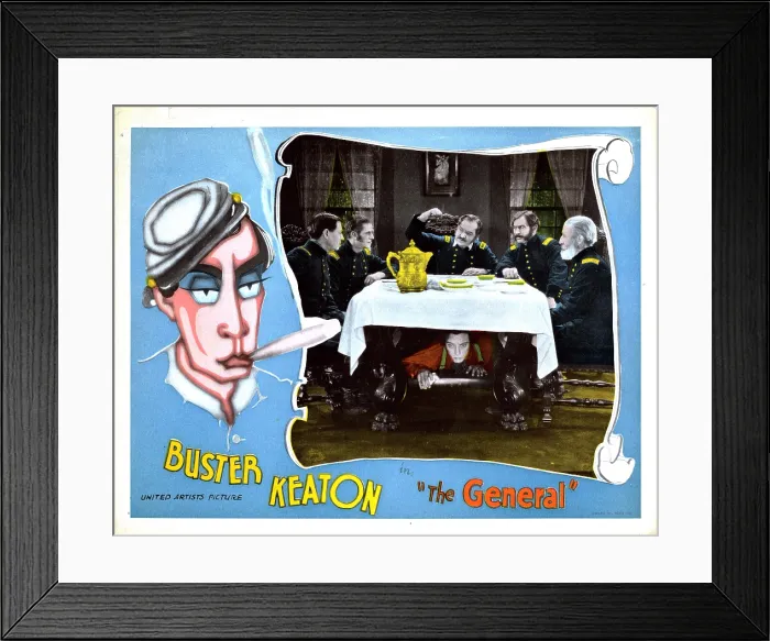Framed Print : THE GENERAL, lobbycard, from left: Joe Keaton, Mike Donlin, Jim Farley, Glen Cavender, Tom Nawn, under table: Buster Keaton, 1927
