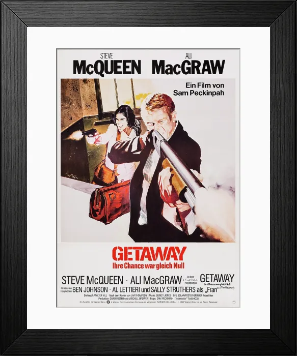 Framed Print : THE GETAWAY, (aka IHRE CHANCE WAR GLEICH NULL), German poster art, from back left: Ali MacGraw, Steve McQueen, 1972