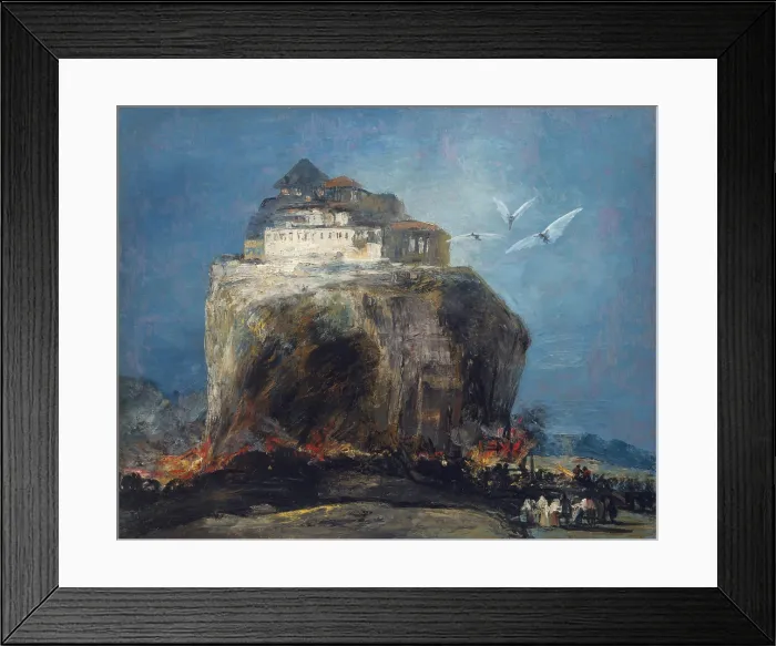 Framed Print : CITY ON A ROCK, by Francisco de Goya, 1800-25, Spanish painting, oil on canvas. Flames from an army's attack circle the base of the rock Framed Print : CITY ON A ROCK, by Francisco de Goya, 1800-25, Spanish painting, oil on canvas. Flames from an army's attack circle the base of the rock
