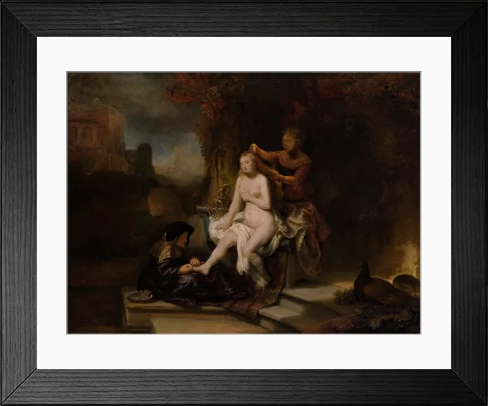 Framed Print : THE TOILET OF BATHSHEBA, by Rembrandt, 1643, Dutch painting, oil on wood. In upper right, King David stands atop his palace and watches Bathsheba bathing