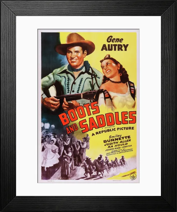 Framed Print : BOOTS AND SADDLES, US poster, top from left: Gene Autry, Judith Allen, 1937 Framed Print : BOOTS AND SADDLES, US poster, top from left: Gene Autry, Judith Allen, 1937