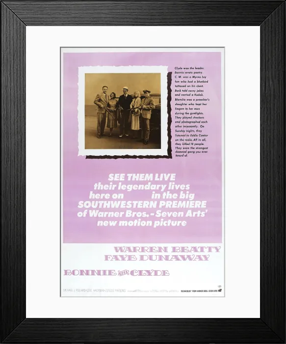 Framed Print : BONNIE AND CLYDE, US poster art, from left: Gene Hackman, Estelle Parsons, Warren Beatty, Faye Dunaway, Michael J. Pollard, 1967