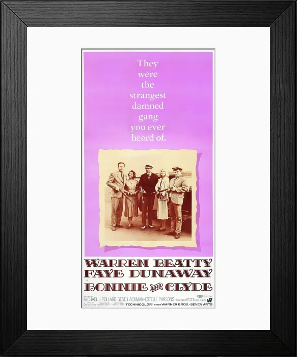 Framed Print : BONNIE AND CLYDE, US poster art, from left: Gene Hackman, Estelle Parsons, Warren Beatty, Faye Dunaway, Michael J. Pollard, 1967