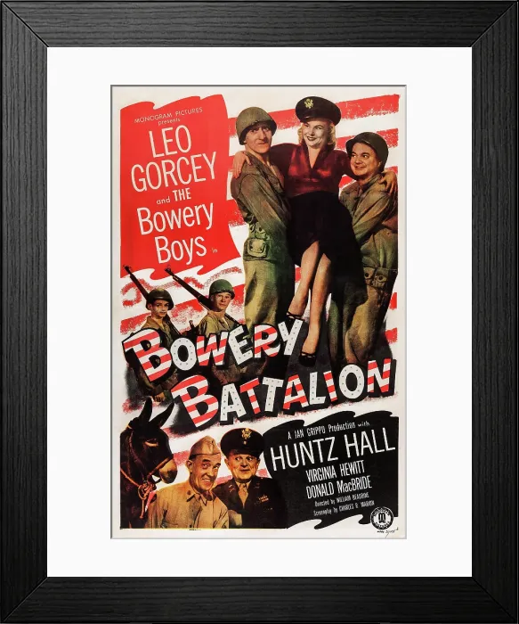 Framed Print : BOWERY BATTALION, US poster art, top: Huntz Hall, Virginia Hewitt, Leo Gorcey; bottom: Donald MacBride, Bernard Gorcey, 1951
