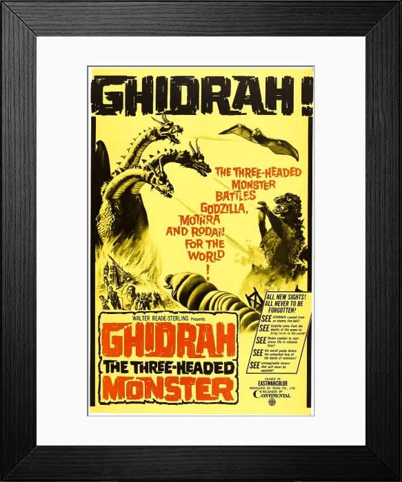 Framed Print : GHIDORAH, THE THREE-HEADED MONSTER, (aka SAN DAIKAIJU: CHIKYU SAIDAI NO KESSEN, aka GHIDRAH, THE THREE HEADED MONSTER), US poster art, 1964