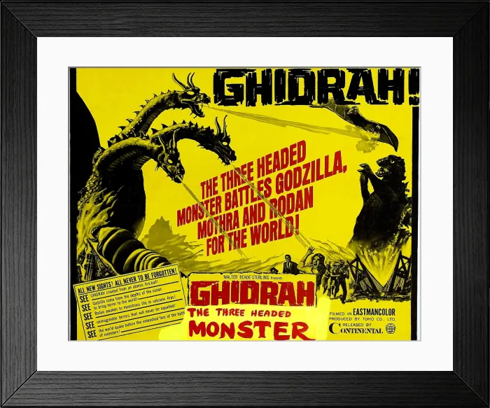 Framed Print : GHIDORAH, THE THREE-HEADED MONSTER, (aka SAN DAIKAIJU: CHIKYU SAIDAI NO KESSEN, aka GHIDRAH, THE THREE HEADED MONSTER), US half-sheet poster art, 1964