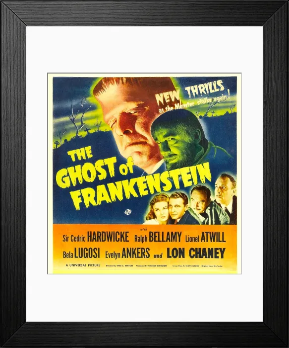 Framed Print : THE GHOST OF FRANKENSTEIN, top from left: Lon Chaney Jr. Bela Lugosi, bottom from left: Evelyn Ankers, Ralph Bellamy, Cedric Hardwicke, Lionel Atwill on window card, 1942