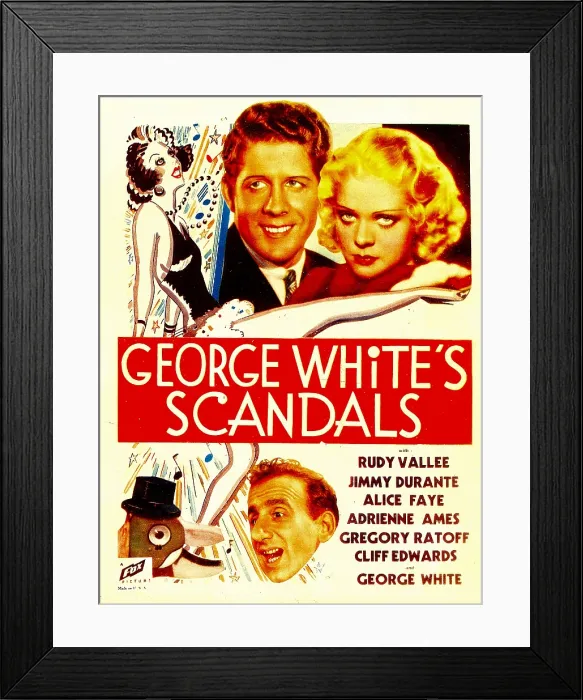 Framed Print : GEORGE WHITE'S SCANDALS, top from left: Rudy Vallee, Alice Faye, bottom: Jimmy Durante on midget window card, 1934 Framed Print : GEORGE WHITE'S SCANDALS, top from left: Rudy Vallee, Alice Faye, bottom: Jimmy Durante on midget window card, 1934