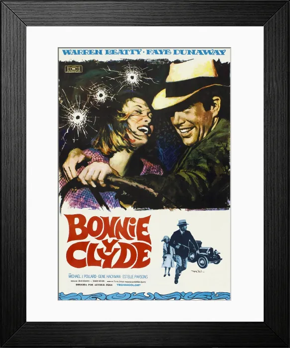 Framed Print : BONNIE AND CLYDE, Faye Dunaway, Warren Beatty on Spanish poster art, 1967