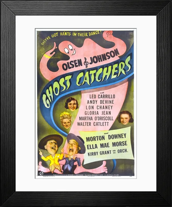 Framed Print : GHOST CATCHERS, US poster, bottom left from left: Ole Olsen, Chic Johnson, middle from top: Ella Mae Morse, Martha O'Driscoll, right: Gloria Jean, 1944 Framed Print : GHOST CATCHERS, US poster, bottom left from left: Ole Olsen, Chic Johnson, middle from top: Ella Mae Morse, Martha O'Driscoll, right: Gloria Jean, 1944