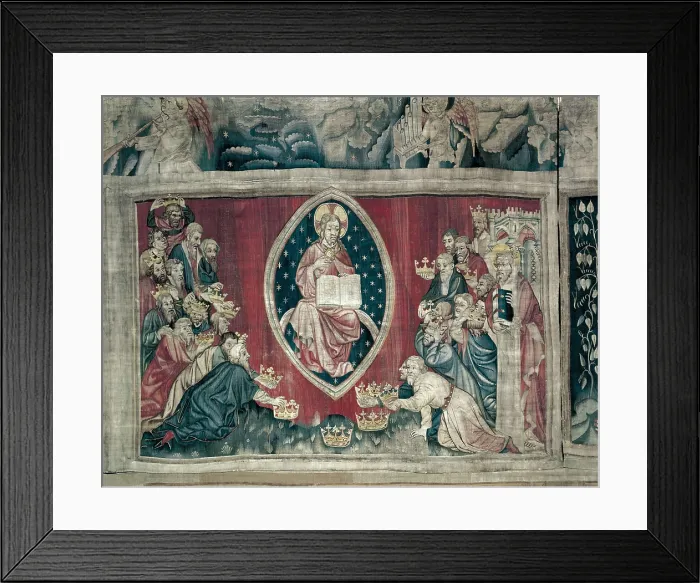 Framed Print : BATAILLE, Nicolas (14th c.). Old Men Kneeling. 1375-1382. 5th scene of the Angers Apocalyse Tapestry, commissioned by the Duke Louis of Anjou. Gothic art. Tapestry. FRANCE