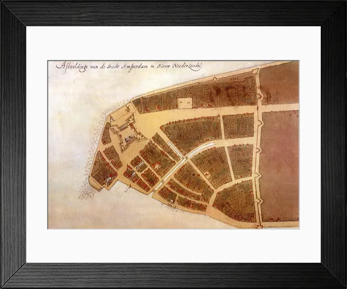 Framed Print : IMAGE OF THE CITY OF NEW AMSTERDAM IN NEW NETHERLAND, 1660. This is the Castello Plan, the earliest known map of what is present-day Manhattan south of Wall Street (at right)