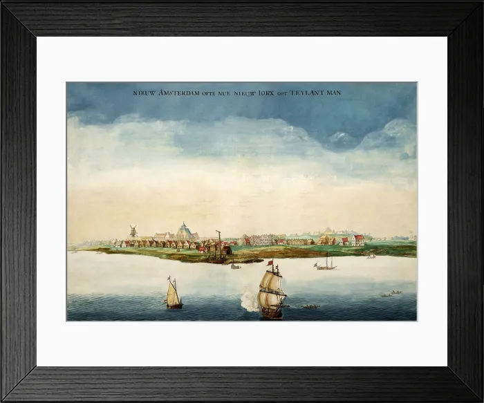 Framed Print : New Amsterdam by Johannes Vingboons, colored engraving created in 1664, the year the city was surrendered by the Dutch to three British Warships, in August 1664 (BSLOC_2020_1_196)