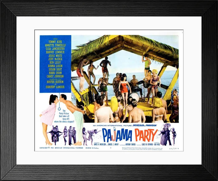 Framed Print : PAJAMA PARTY, (Annette Funicello, Tommy Kirk (on lower left, kissing), The Nooney Rickett 4 (band), Donna Loren (red strapless bathing suit), Candy Johnson (far right, dancing) Framed Print : PAJAMA PARTY, (Annette Funicello, Tommy Kirk (on lower left, kissing), The Nooney Rickett 4 (band), Donna Loren (red strapless bathing suit), Candy Johnson (far right, dancing)