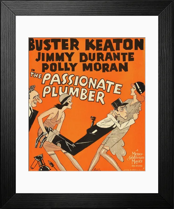 Framed Print : THE PASSIONATE PLUMBER, caricatures of left: Jimmy Durante, center: Buster Keaton on window card, 1932