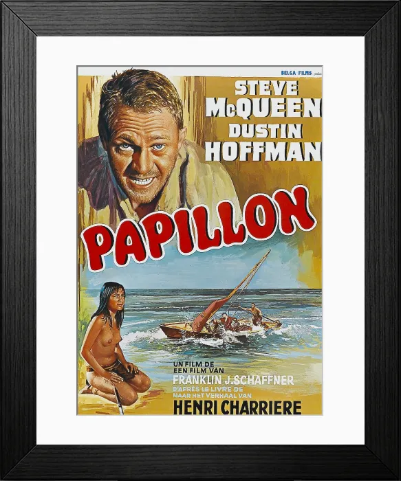 Framed Print : PAPILLON, top: Steve McQueen, bottom: Ratna Assan on Belgian poster art, 1973 Framed Print : PAPILLON, top: Steve McQueen, bottom: Ratna Assan on Belgian poster art, 1973