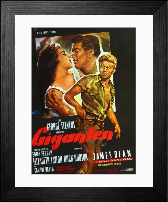 Framed Print : GIANT, (aka GIGANTEN), rear l-r: Elizabeth Taylor, Rock Hudson, foreground right: James Dean on German poster art, 1956