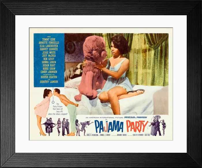 Framed Print : PAJAMA PARTY, center: Annette Funicello; kissing, from left to right: Annette Funicello, Tommy Kirk; bottom left: Harvey Lembeck (man on motorcycle)