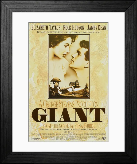 Framed Print : GIANT, US 1996 re-issue poster, from left: Elizabeth Taylor, James Dean (bottom), Rock Hudson, 1956