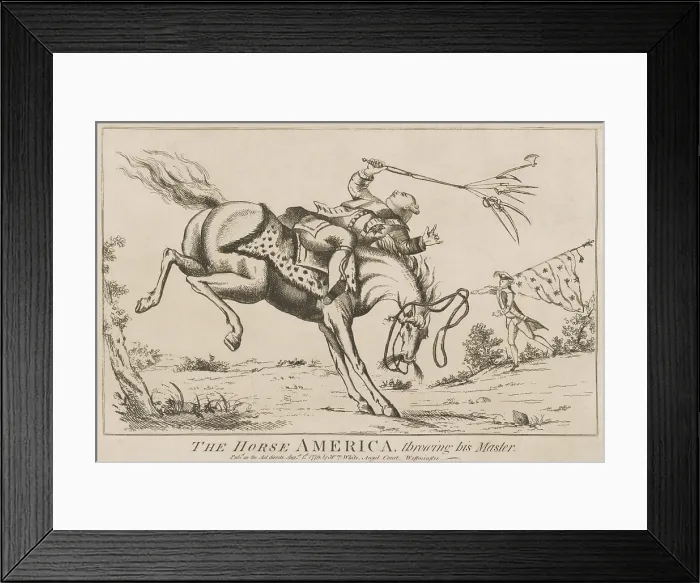 Framed Print : The Horse America, Throwing His Master, British political cartoon by William White, Aug. 1, 1779. The rider being thrown is King George III