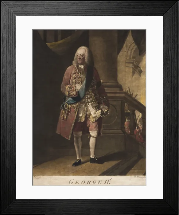 Framed Print : King George II, of Great Britain, 1759. Full length portrait color mezzotint engraving by William Dickinson, after painting by Robert Edge Pine