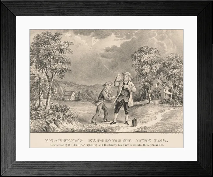 Framed Print : The Benjamin Franklin and his son William Franklin experiment with lightning and electricity in 1852. The kite had a conductive wire attached to its top