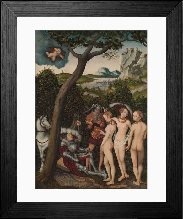 Framed Print : THE JUDGMENT OF PARIS, by Lucas Cranach the Elder, 1528, German painting, oil on wood. Northern Renaissance work was painted in Germany by a contemporary of Leonardo de Vinci