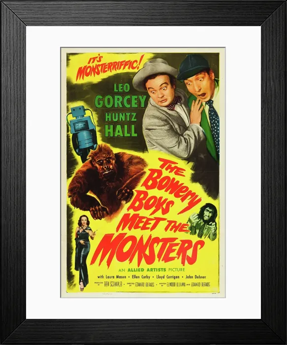Framed Print : THE BOWERY BOYS MEET THE MONSTERS, top l-r: Norman Bishop (Robot), Leo Gorcey, Huntz Hall, center: Steve Calvert (gorilla), bottom l-r: Laura Mason on poster art, 1954