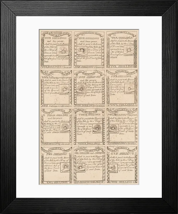 Framed Print : Sheet of uncut Massachusetts currency of 5, 4, 3, and 2 shilling bills engraved by Paul Revere in 1782