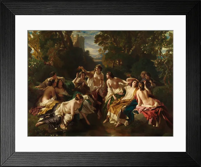 Framed Print : FLORINDA, by Franz Xaver Winterhalter, 1853, German painting, oil on canvas. The legend of Florinda (covered by a cloak), daughter of Count Julian, is with her ladies in waiting