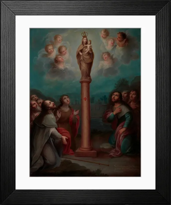 Framed Print : APPARITION OF THE VIRGIN OF EL PILAR TO ST. JAMES, by Nicolas Enriquez, 1773, Mexican oil painting. The Virgin Mary, appears atop a stone pillar inspiring the apostle St Framed Print : APPARITION OF THE VIRGIN OF EL PILAR TO ST. JAMES, by Nicolas Enriquez, 1773, Mexican oil painting. The Virgin Mary, appears atop a stone pillar inspiring the apostle St