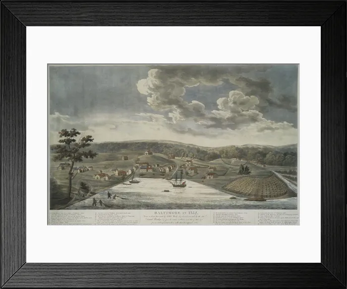 Framed Print : BALTIMORE IN 1752. Colored engraving by William Strickland from a 1752 landscape sketch by John Moale. The key at bottom identifies street names, buildings, churches and ships