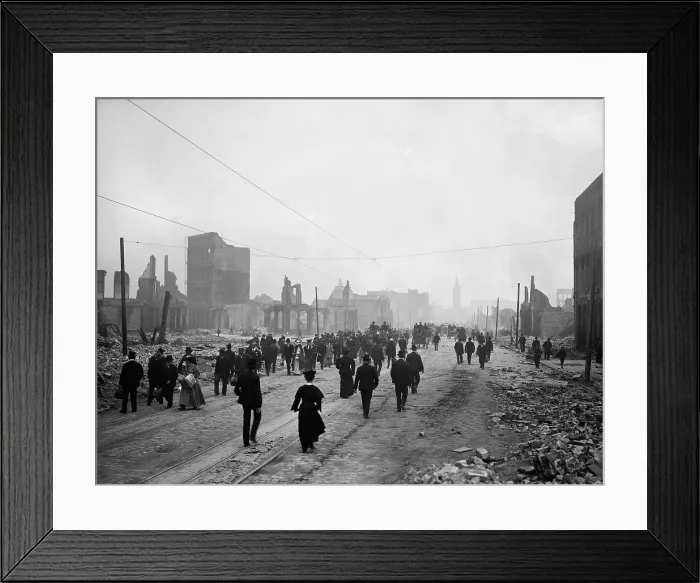 Framed Print : People walk on Market St. toward the ferry to leave San Francisco after the April 1906 earthquake