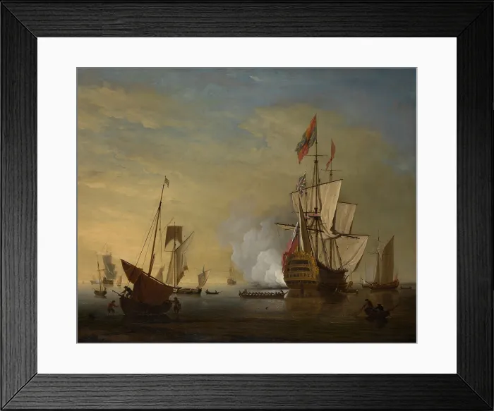 Framed Print : ENGLISH SHIP WITH SAILS LOOSENED FIRING A GUN, by Peter Monamy, 1725, British oil painting. Harbor scene dominated by a British warship at anchor and taking on sailors and stores Framed Print : ENGLISH SHIP WITH SAILS LOOSENED FIRING A GUN, by Peter Monamy, 1725, British oil painting. Harbor scene dominated by a British warship at anchor and taking on sailors and stores