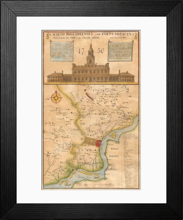 Framed Print : Map of Philadelphia, and Parts Adjacent, With a Perspective View of the State-House