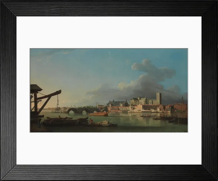 Framed Print : BUILDING OF WESTMINSTER BRIDGE, by Samuel Scott, 1742, British painting, oil on canvas. View of London and the Thames River with the Westminster Bridge under construction