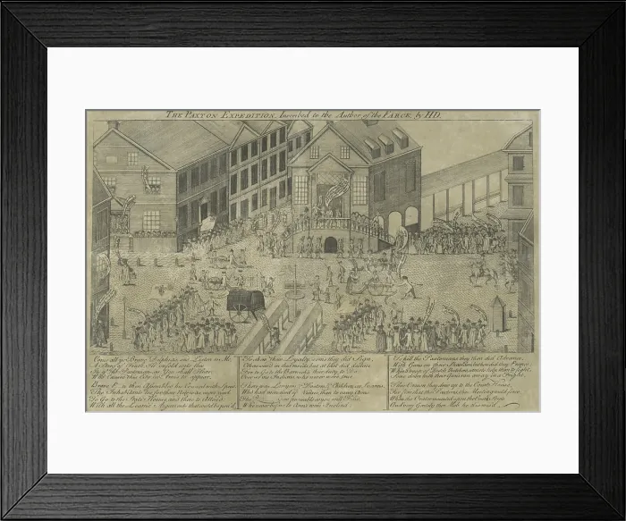 Framed Print : The Paxton Expedition, Inscribed to the Author of the Farce, 1764, political cartoon by Henry Dawkins Framed Print : The Paxton Expedition, Inscribed to the Author of the Farce, 1764, political cartoon by Henry Dawkins