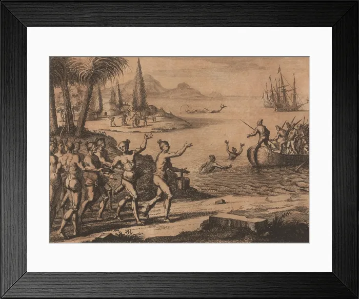 Framed Print : Native Americans swim out to a small boat of arriving Europeans in an engraving of 1706. Two sailing ships are anchored offshore