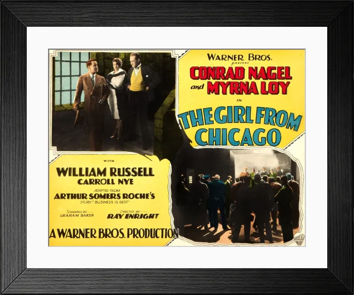 Framed Print : THE GIRL FROM CHICAGO, top center: Myrna Loy, top right: Conrad Nagel on lobbycard, 1927 Framed Print : THE GIRL FROM CHICAGO, top center: Myrna Loy, top right: Conrad Nagel on lobbycard, 1927