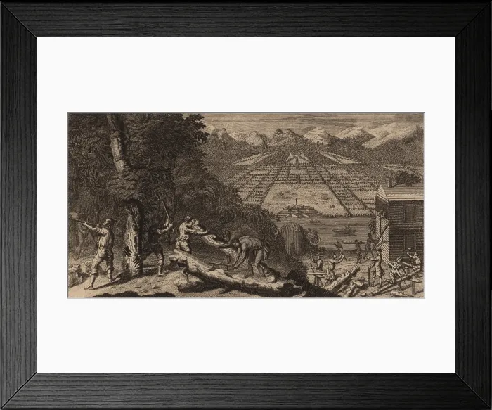 Framed Print : Men building a town in Georgia, ca. 1733. At left, English men and African slaves chop down trees in a forest. Logs are sawed into building material