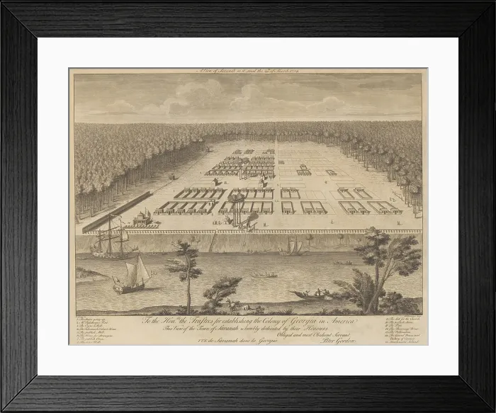 Framed Print : A View of Savannah as it stood the 29th of March, 1734. Engraving by Paul Fourdrinier. The partially built town has houses built on town lots with garden plots